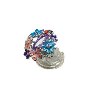 Enamel Flowers & Butterfly Ring Size 7 Silver Tone Cocktail Ring Summer Colorful